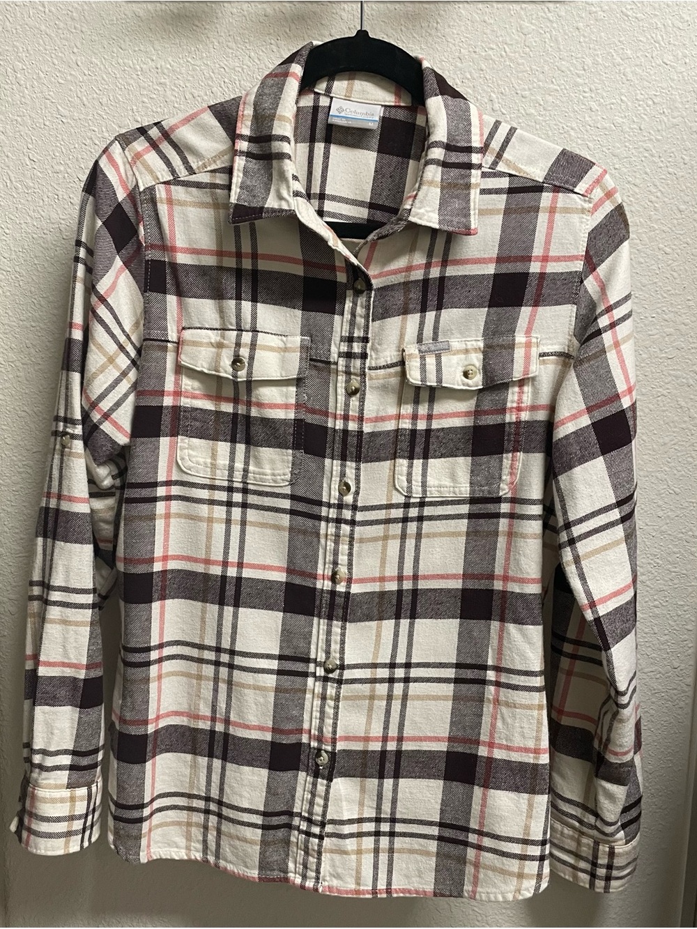 Columbia Plaid Flannel Shirt - Cream, Brown & Pink Accent